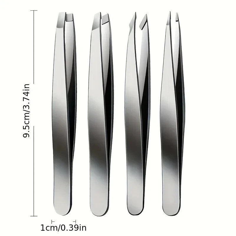 Professional Stainless Steel Eyebrow Tweezers Set for Facial Hair Removal - 4 Pack