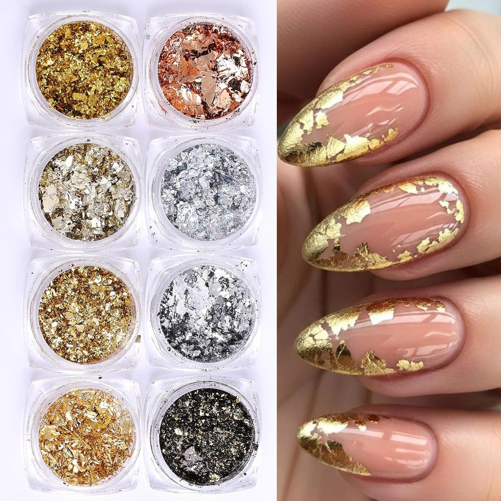 Gold Flakes Nail Glitter Foils Set - Metallic Gold Silver Black Rose Gold for Nail Art