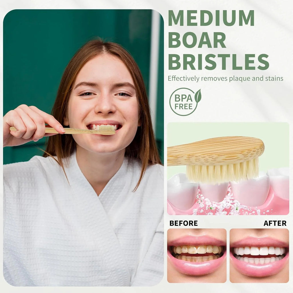 Natural Bamboo Toothbrush Set with Boar Bristles - Eco-Friendly 12 Pack