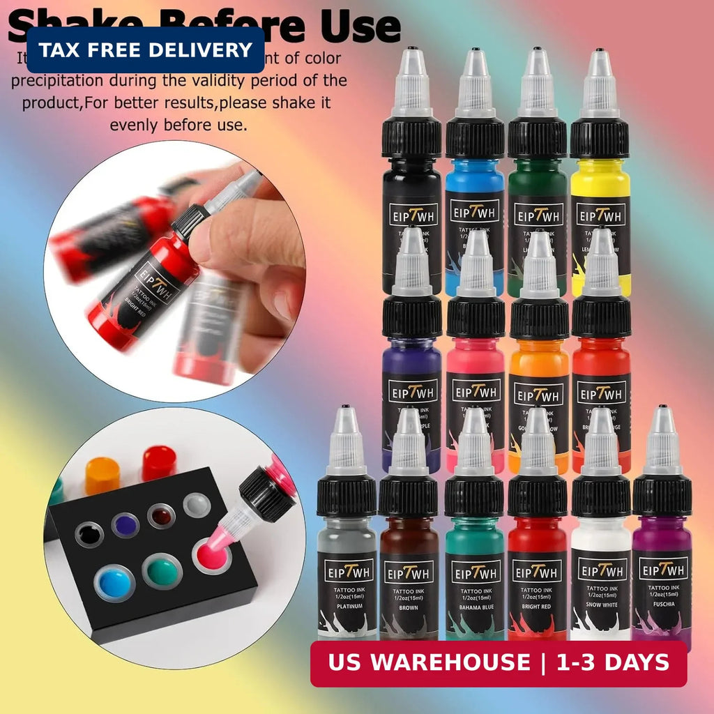 14-Color Tattoo Ink Set 1/2 oz Each - Bright, Long-Lasting Pigments