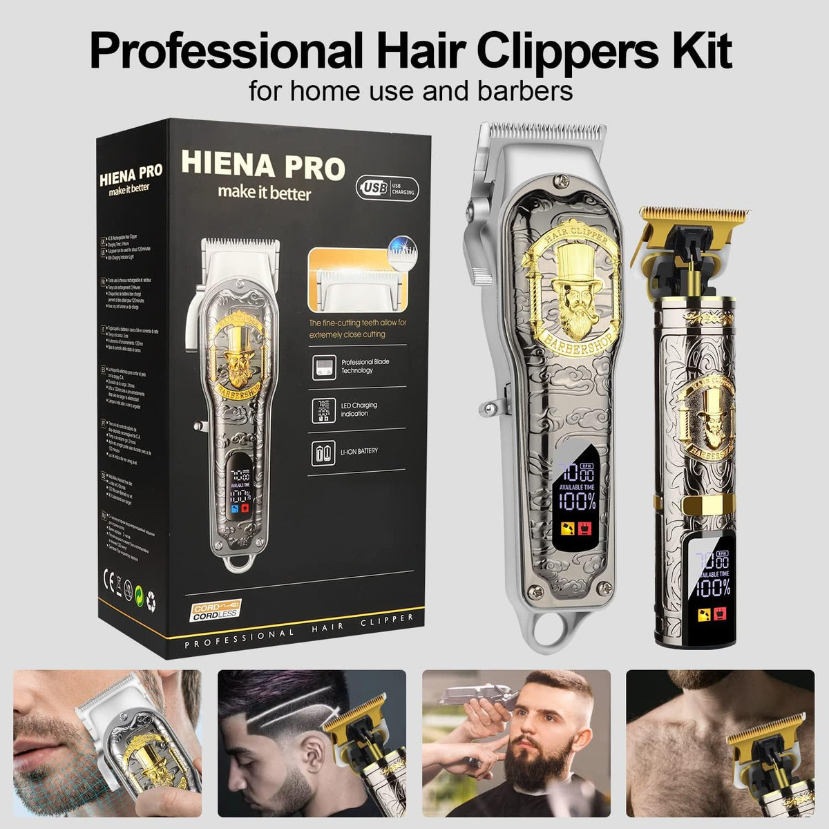 Professional Hair Clipper Kit for Men - Cordless Trimmer with 8 Guide Combs & LED Display
