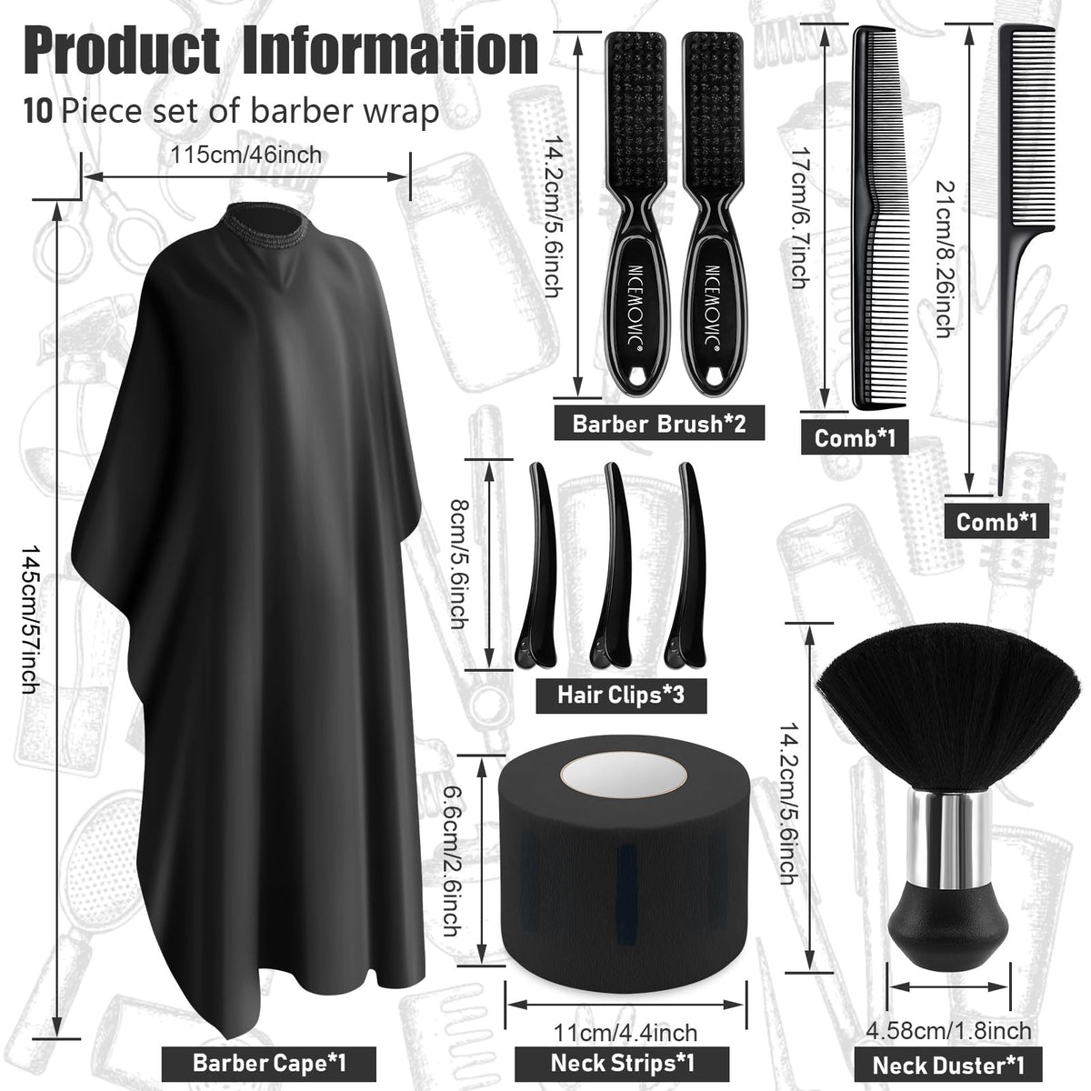 10 in 1 Barber Cape Set with Neck Duster Brush & Hair Clips - Salon & Home Use