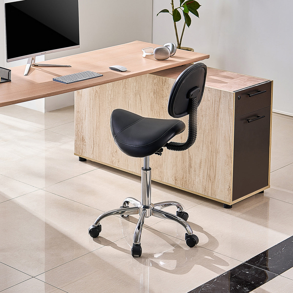 Adjustable Saddle Stool with Backrest and 360° Swivel - PU Leather Seat