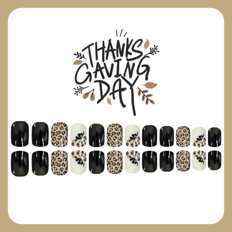 48-Piece Short Square Glossy Black Leopard Print Press-On Nails for Fall