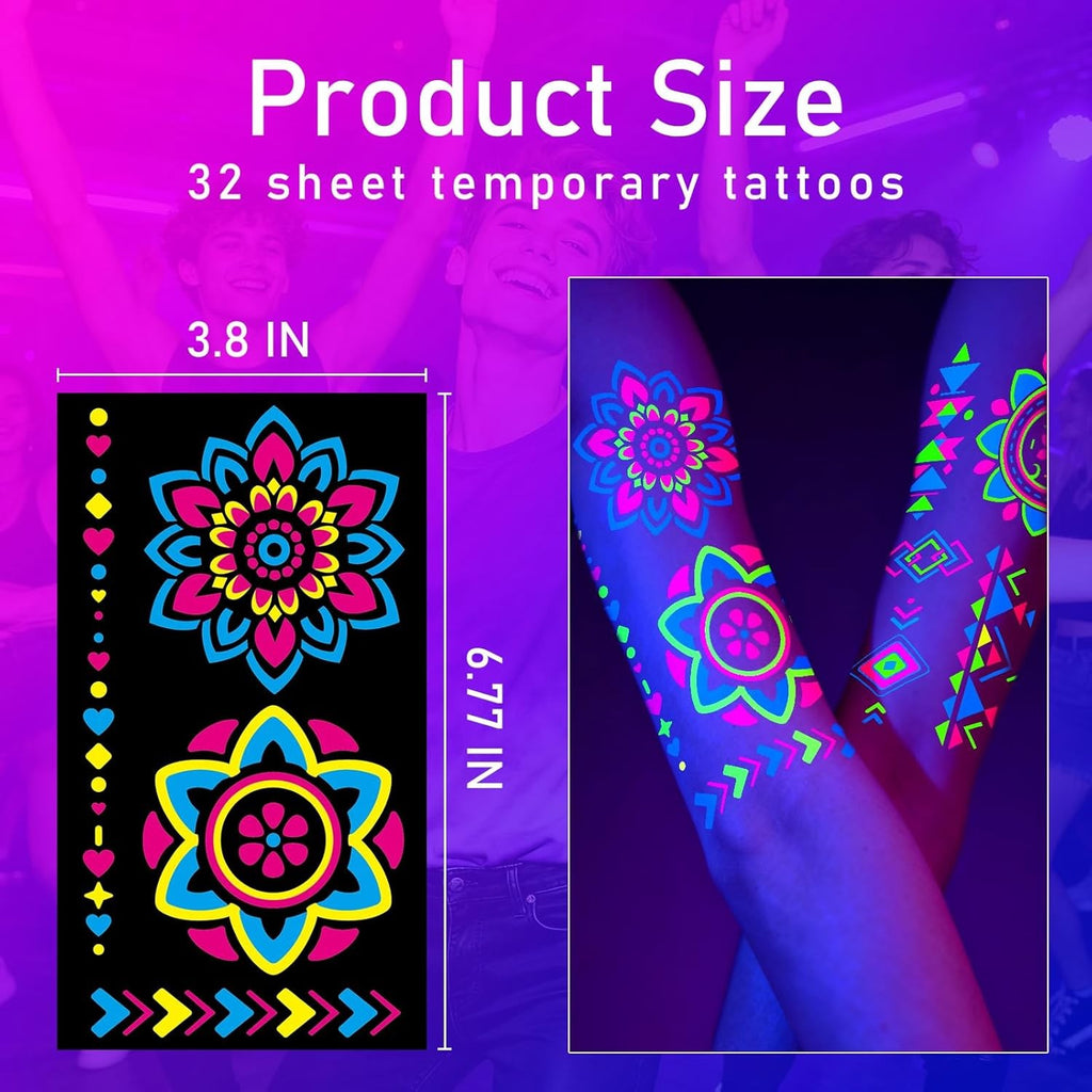 Glow-in-the-Dark Temporary Tattoos – 192+ Neon UV Blacklight Body Art Sheets