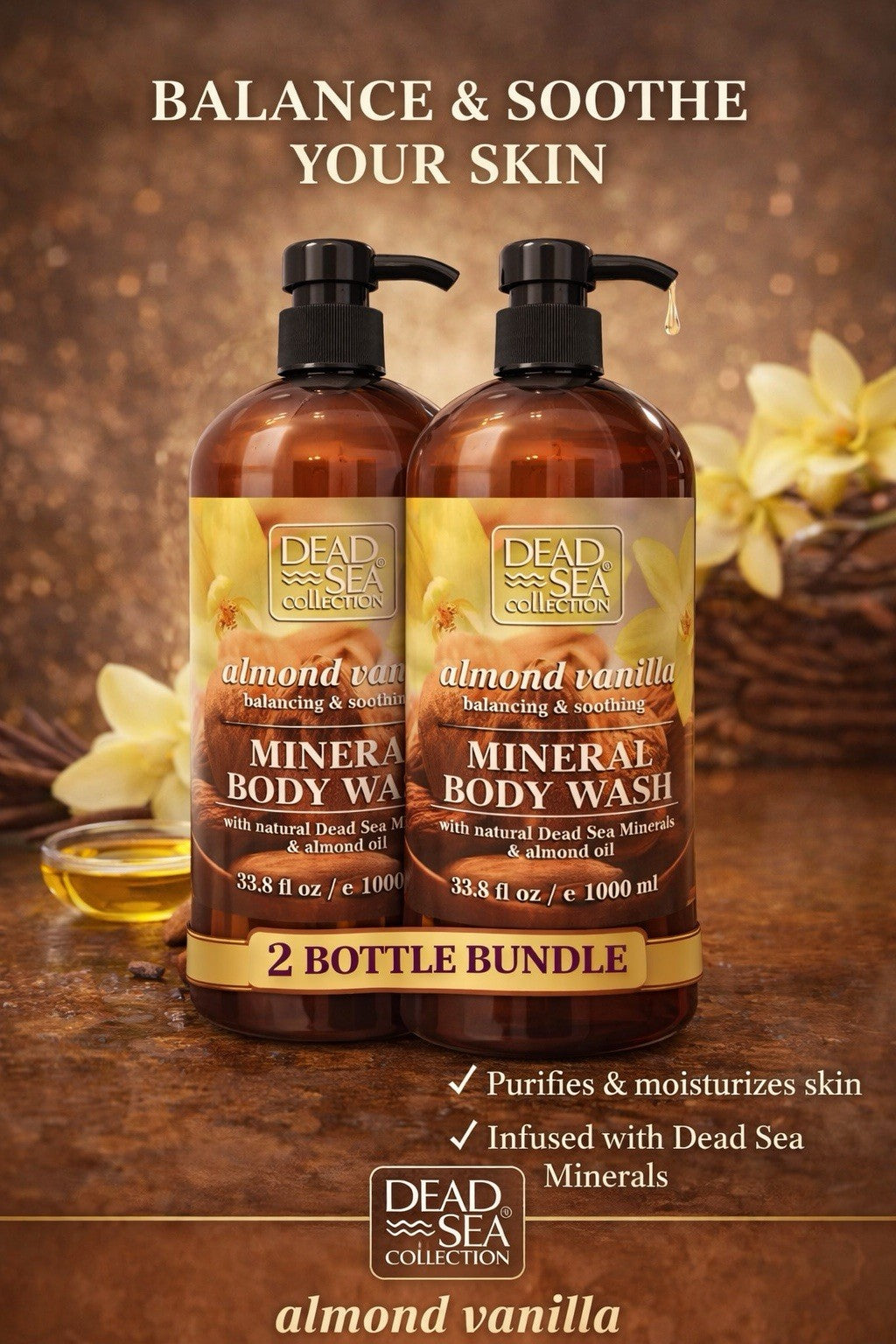 Dead Sea Mineral Body Wash Duo - Almond Vanilla Hydrating 2-Pack, 67.6 oz