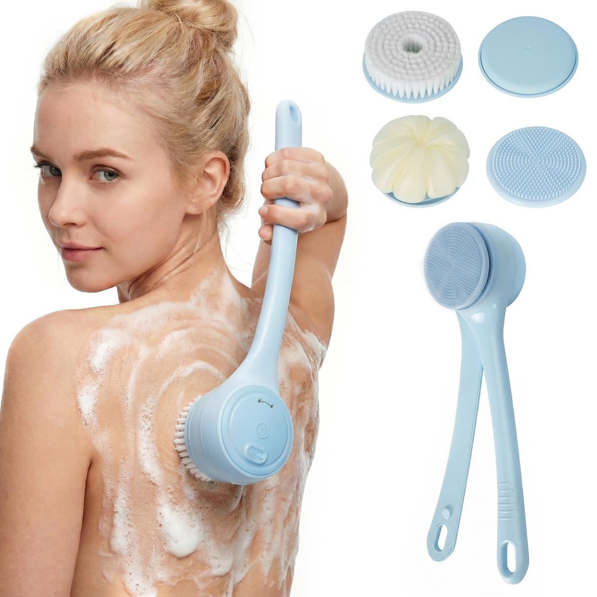 Electric Body Brush Back Scrubber with 5 Replaceable Heads and Hook