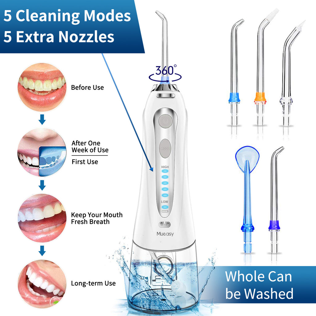Cordless Water Flosser Oral Irrigator with 5 Jet Tips & 360° Nozzle
