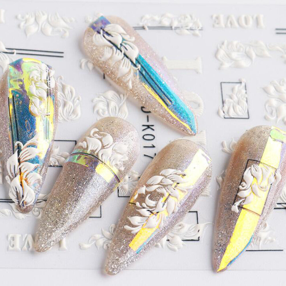 White 5D Nail Stickers Embossed Leaves Bridal Nail Art Decals
