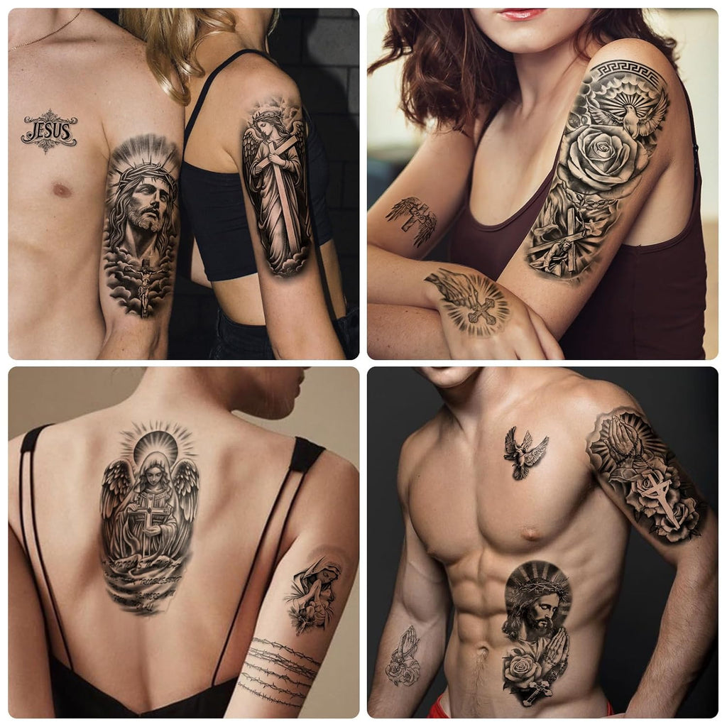 Religious Temporary Tattoos Set - 77 Sheets Christian Cross Angels