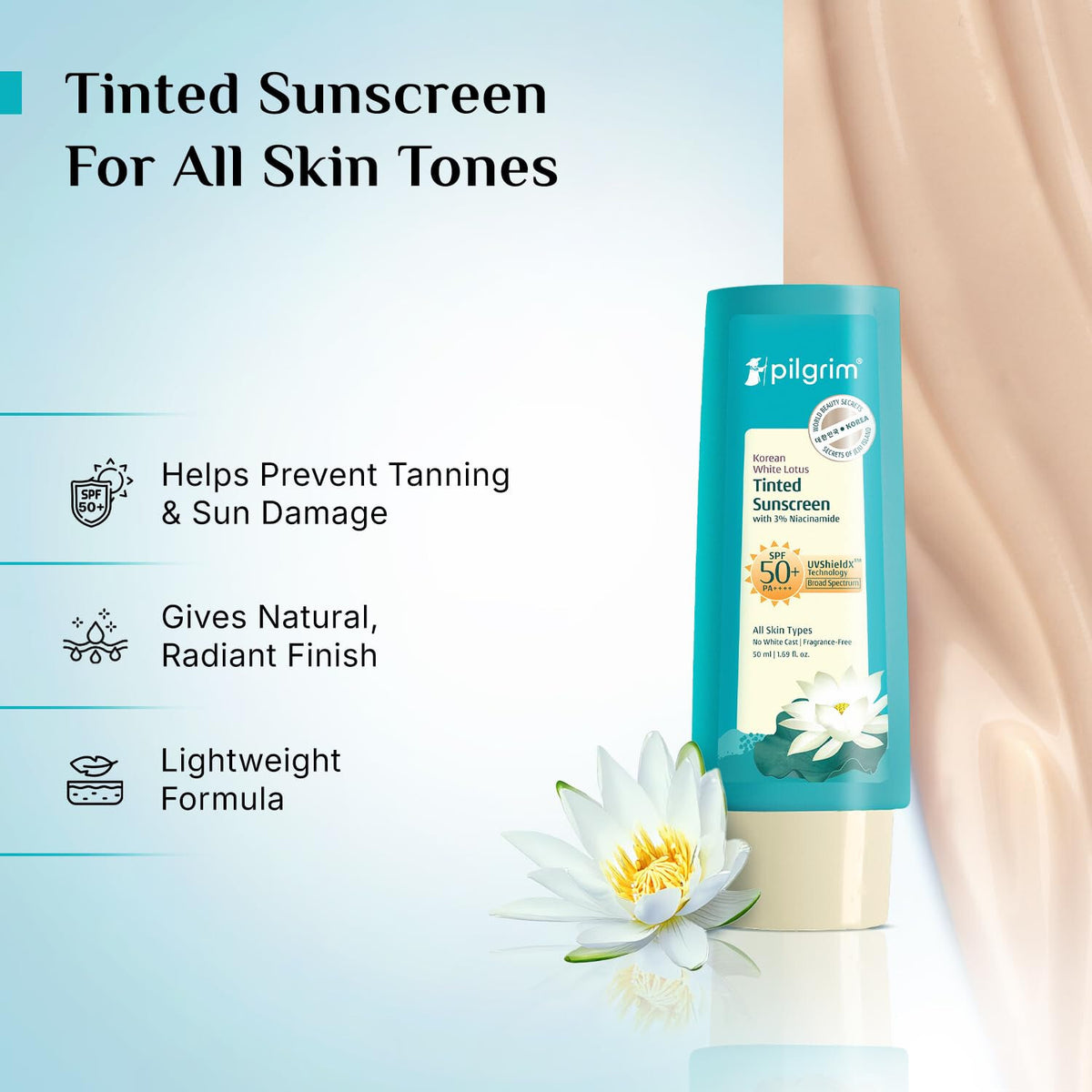 Pilgrim White Lotus Tinted Sunscreen SPF 50+ PA++++ - 50ml