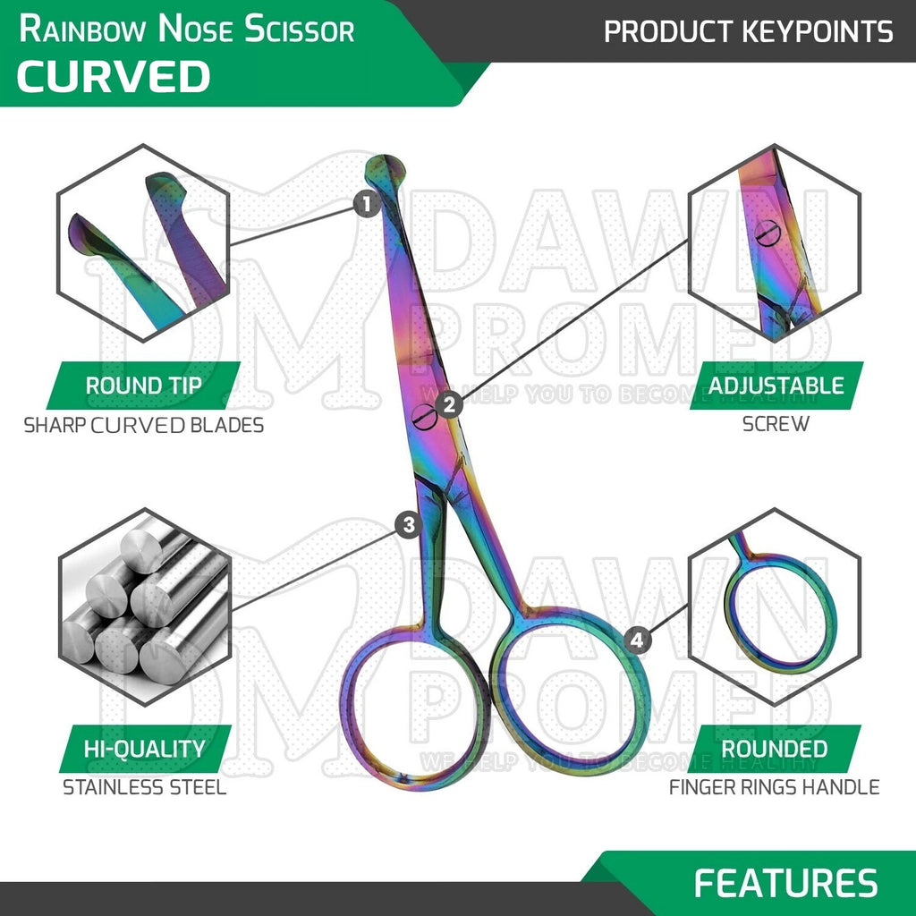 Rainbow Curved Nose & Ear Hair Scissors - 3.5 Inch Safety Grooming Shears