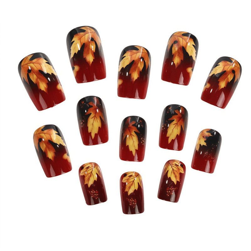 48 Pcs Maple Leaf Short Square Fake Nails - Vintage Autumn Press-On Manicure