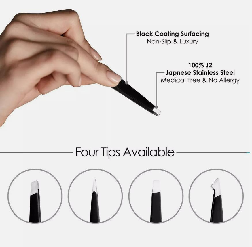 Professional 4-Piece Tweezers Set with Case - Slant, Pointed, Classic Stainless Steel