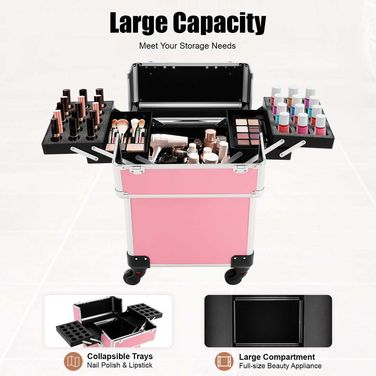 Pink Aluminum Travel Makeup Train Case with Wheels and Large Storage