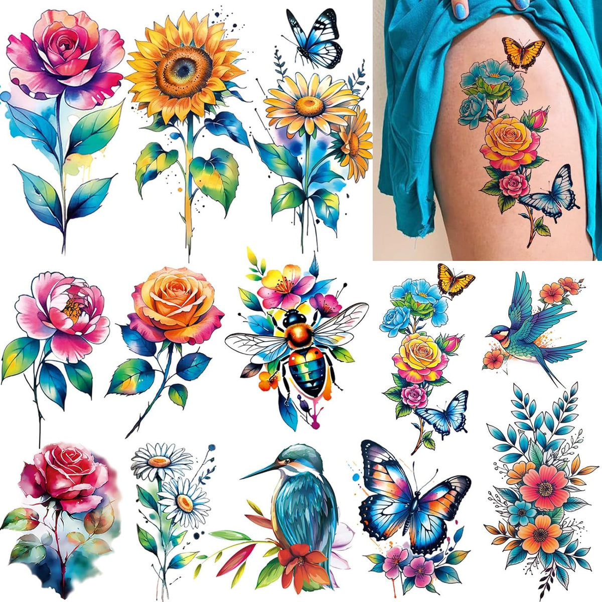 3D Watercolor Flower Temporary Tattoos for Women – Large Rose & Floral Set