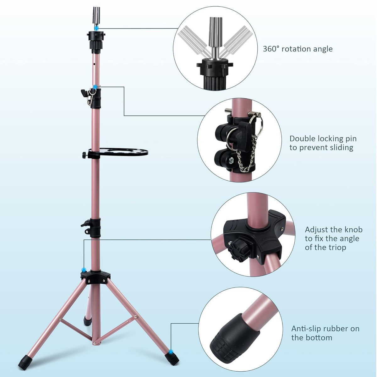 Adjustable Metal Wig Stand Tripod with Tool Tray for Salon & Styling
