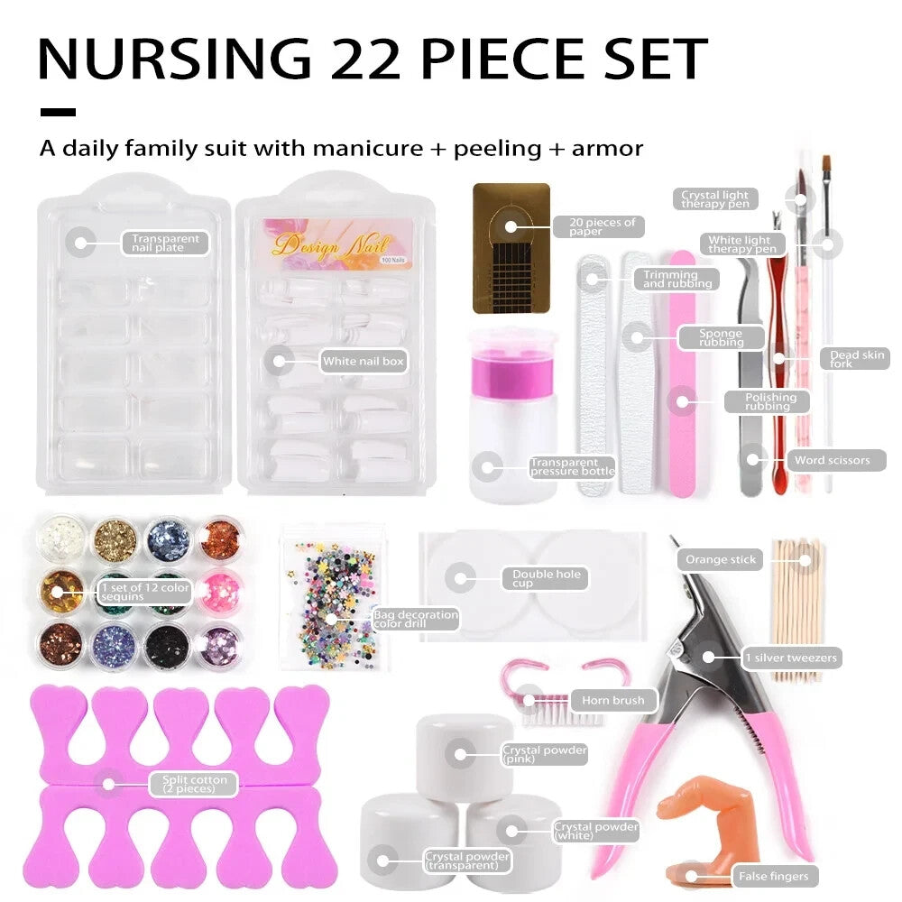 Acrylic Nail Kit with Glitter & Tools for Manicure Art - Tips, Powder, Brush Set