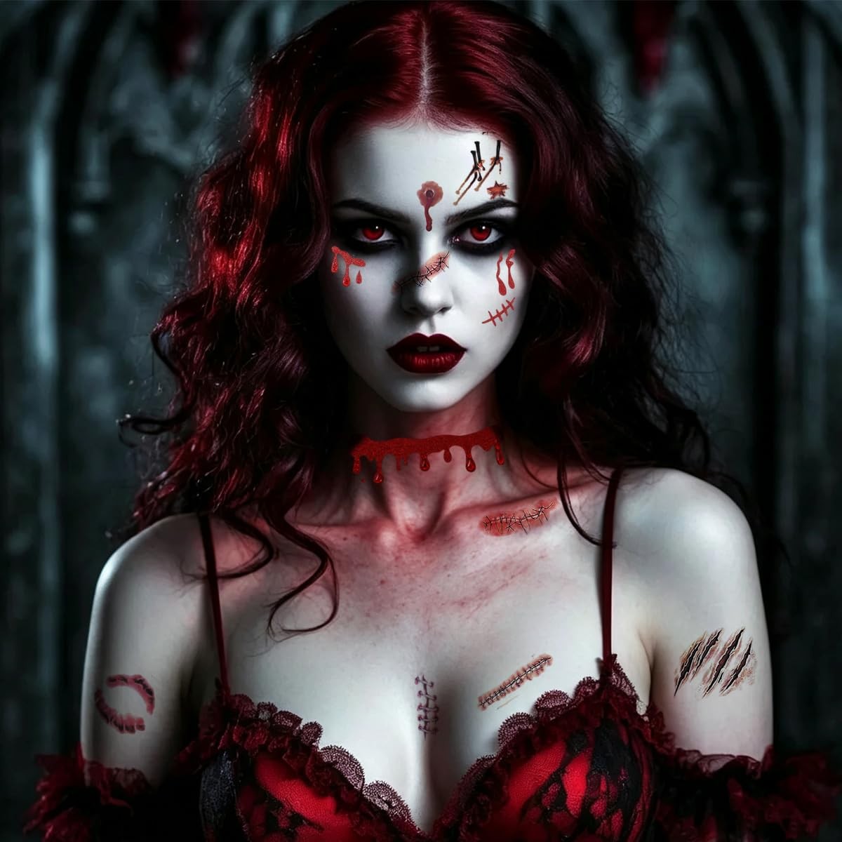 Halloween Vampire Face Gem Sticker Kit – 17 Sheets Red Glitter Blood Tattoos & Gems