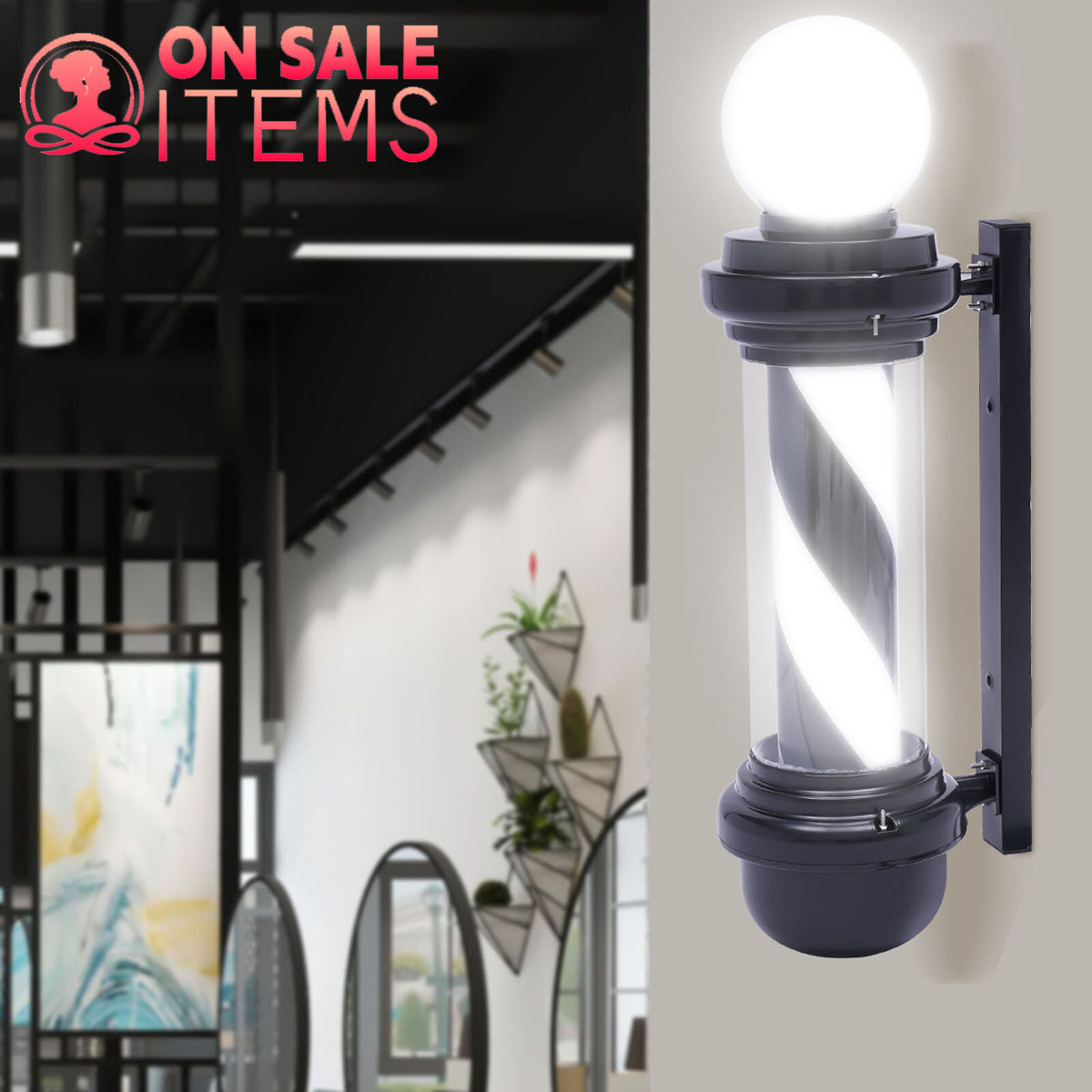 Outdoor LED Barber Pole Light Sign for Hair Salon Shop Rotating Black & White