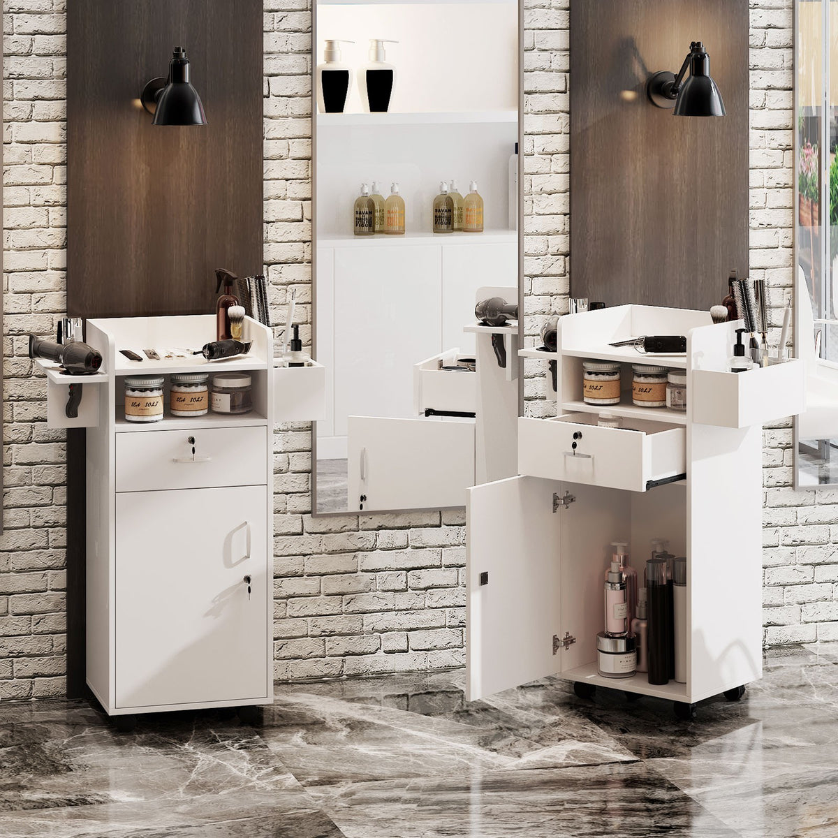 Rolling Hair Styling Station Barber Cabinet with Lockable Wheels and Storage