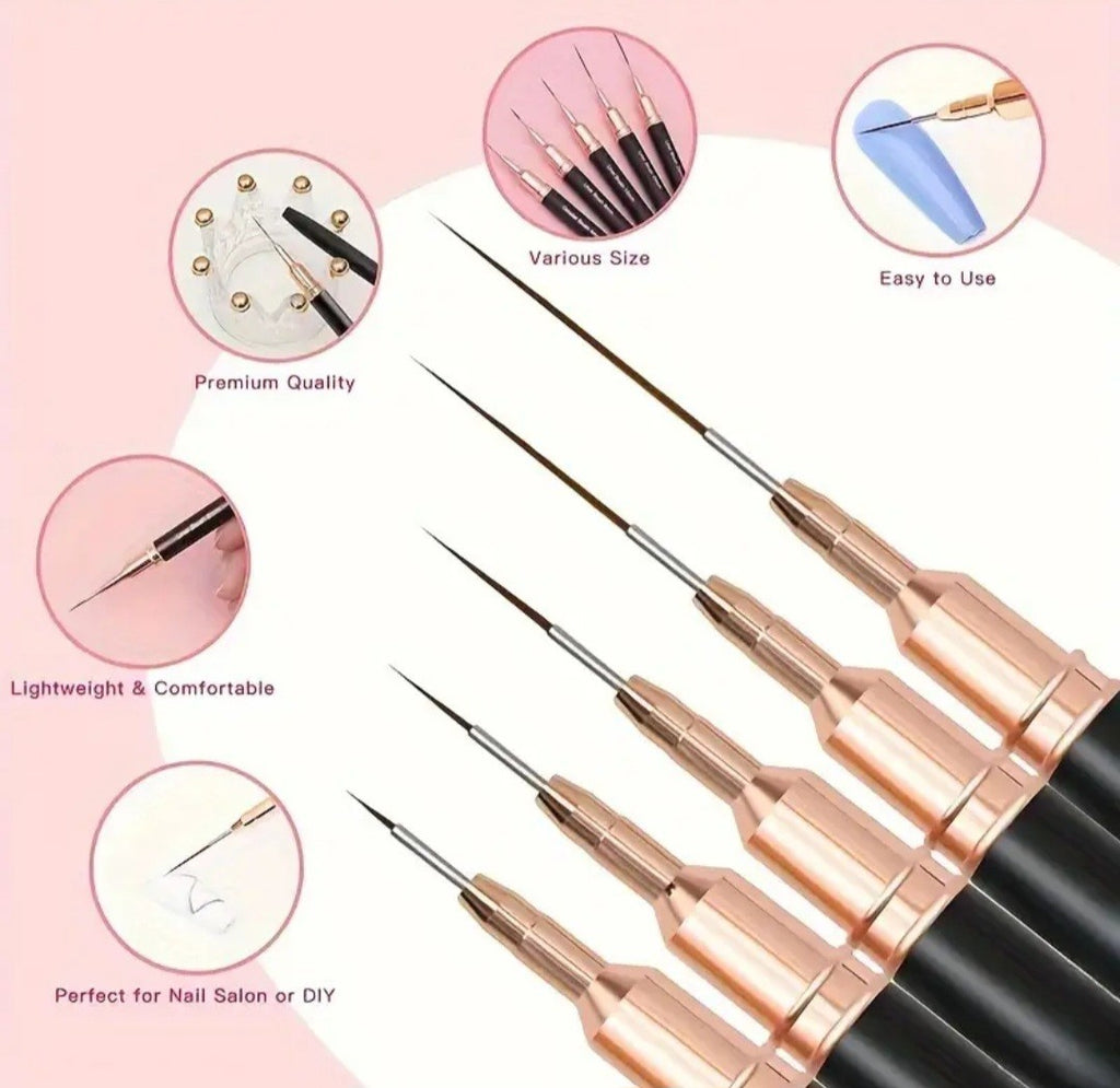 Professional Nail Brush Set - 5 Pcs Fine Detail Nail Art Brushes