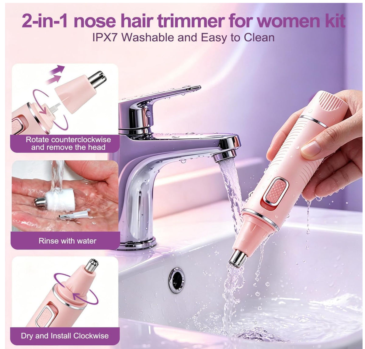 Women’s Nose & Ear Hair Trimmer USB Rechargeable Waterproof Grooming Tool