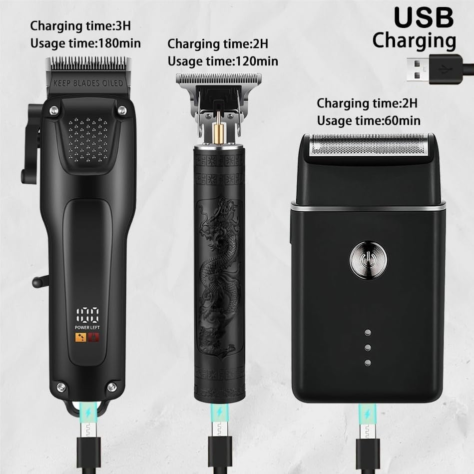 Professional Men's Hair Cutting Kit - 3-in-1 Hair Trimmer, T-Shaped Clipper & Shaver