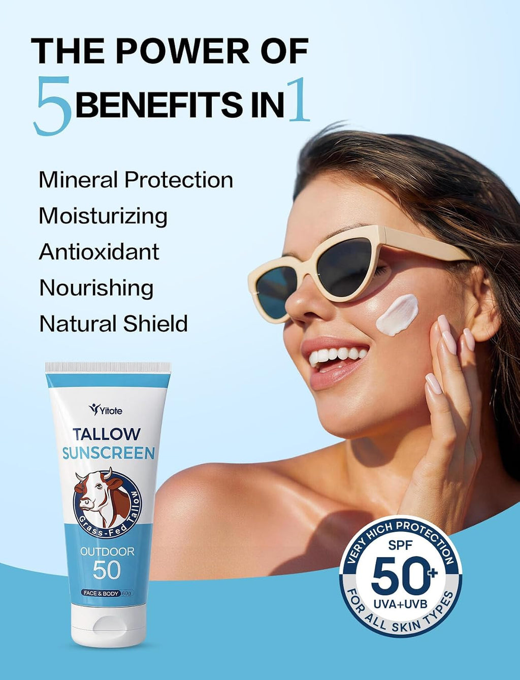 Organic Mineral Sunscreen SPF 50 with Grass-Fed Beef Tallow - Natural, Water-Resistant Face & Body Sun Block