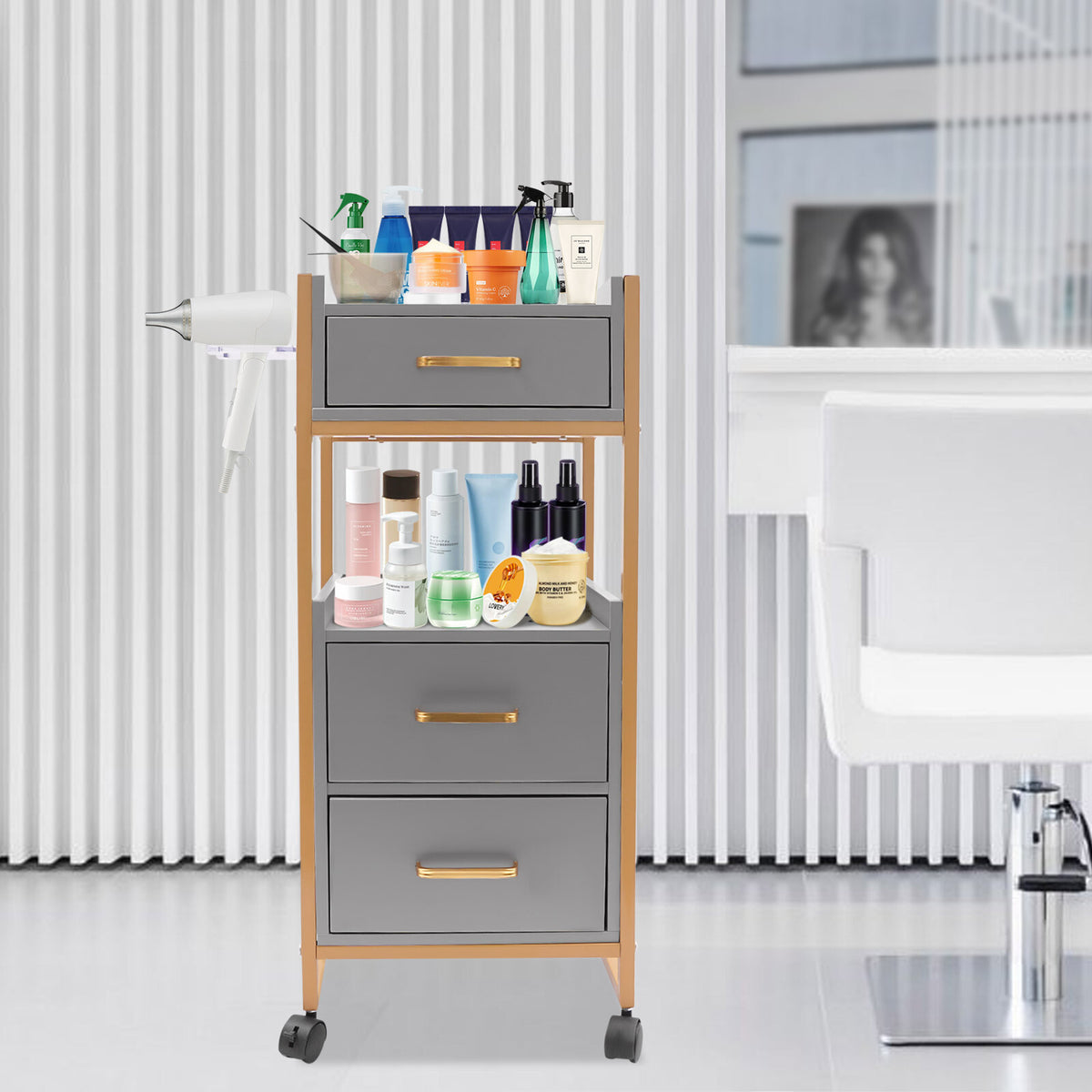 Salon Storage Cart with Wheels - Modern Barber Trolley for Organizing Tools