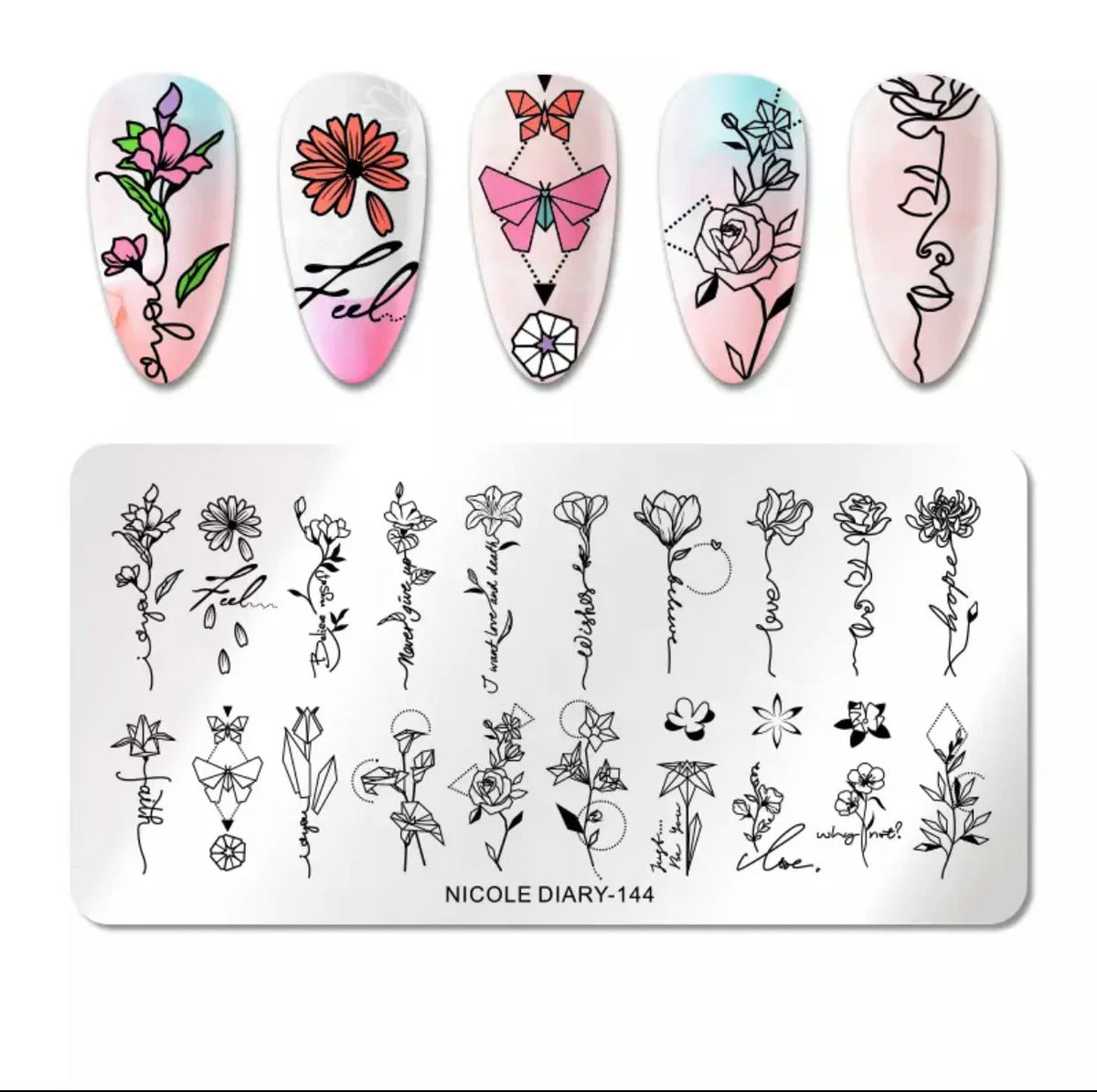 Nail Stamping Plate 144 Floral and Script Design for Nail Art