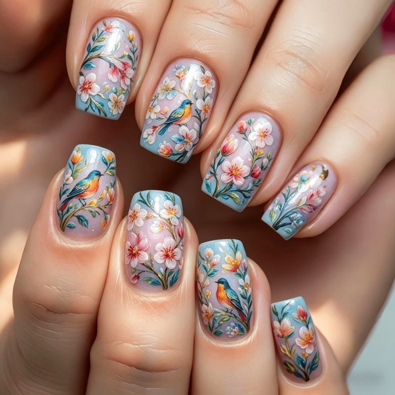 96Pcs Short Square Nail Set with Hand Painted Unicorn Hippo Hummingbird & Flowers