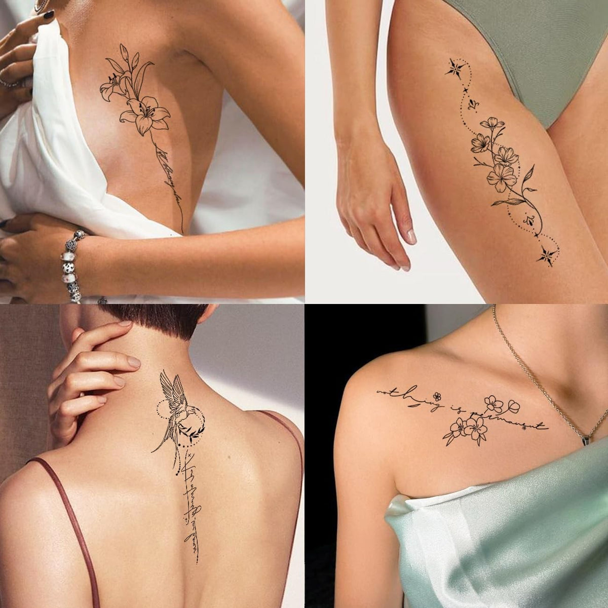 Temporary Tattoos for Women: 45 Pcs Line Flower Word Sketch Set