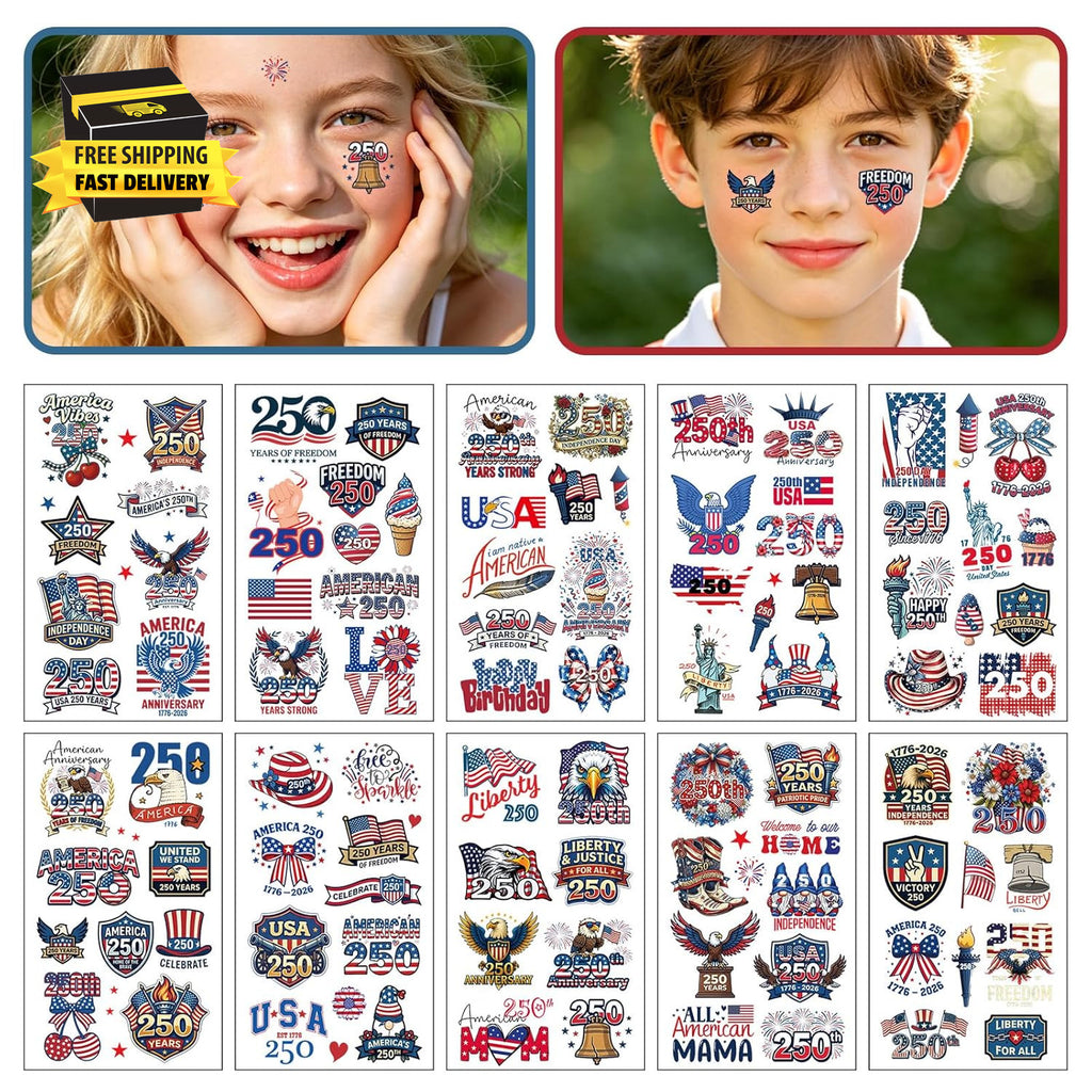 4th of July 80‑Piece Temporary Tattoos 250th Anniversary USA, Waterproof Kids Party Pack
