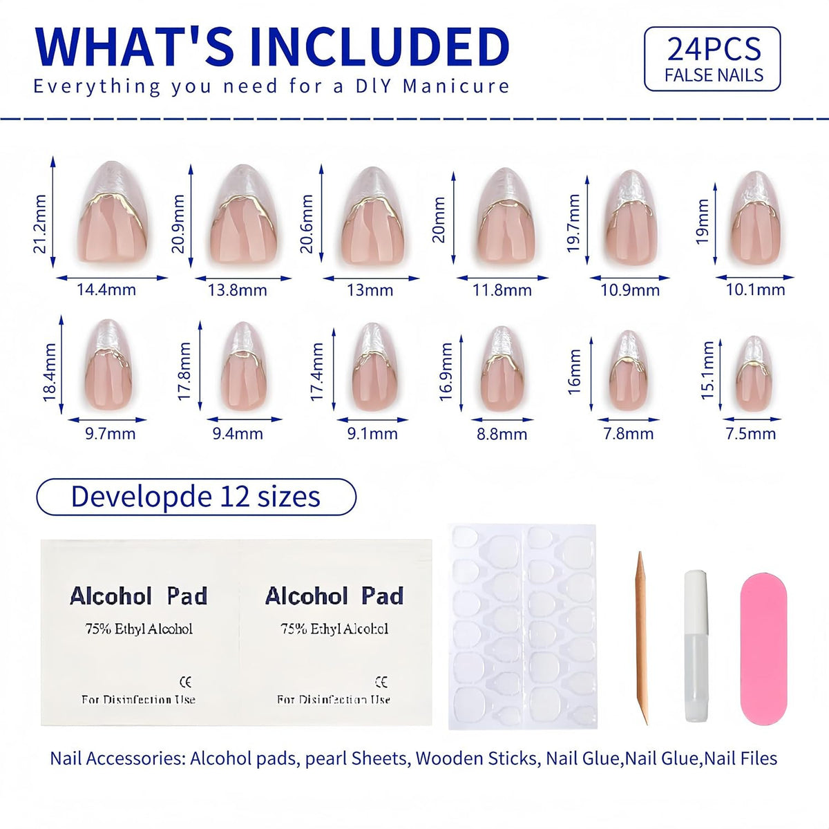 Press-On Nails Almond Nude with Cloudy White French Tip & Gold 3D Design