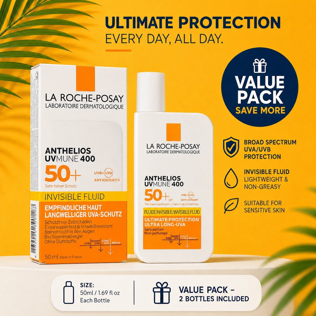 SPF50+ Broad Spectrum Sunscreen Fluid Pack of 2 - Invisible, Lightweight, Non-Greasy