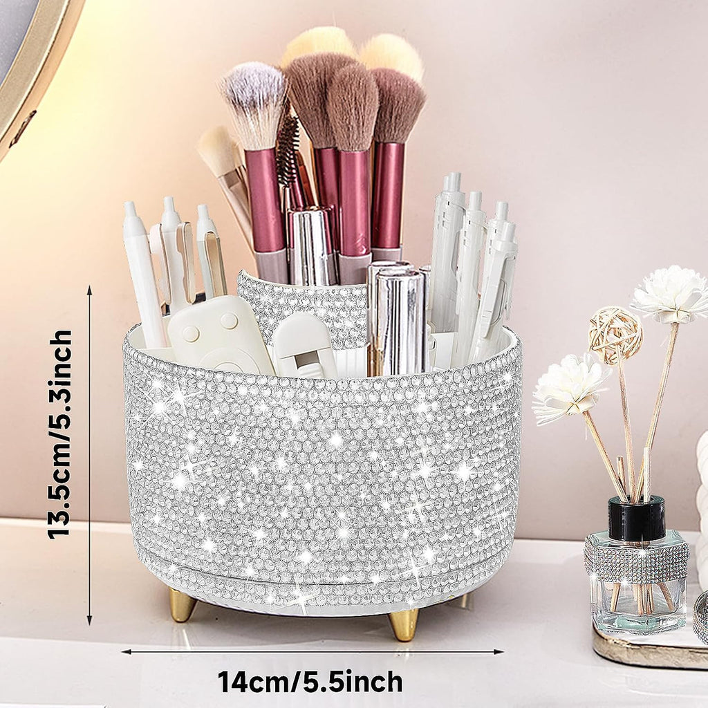 Rotating Makeup Organizer Brush Holder with DIY Diamond Decorations, Silver