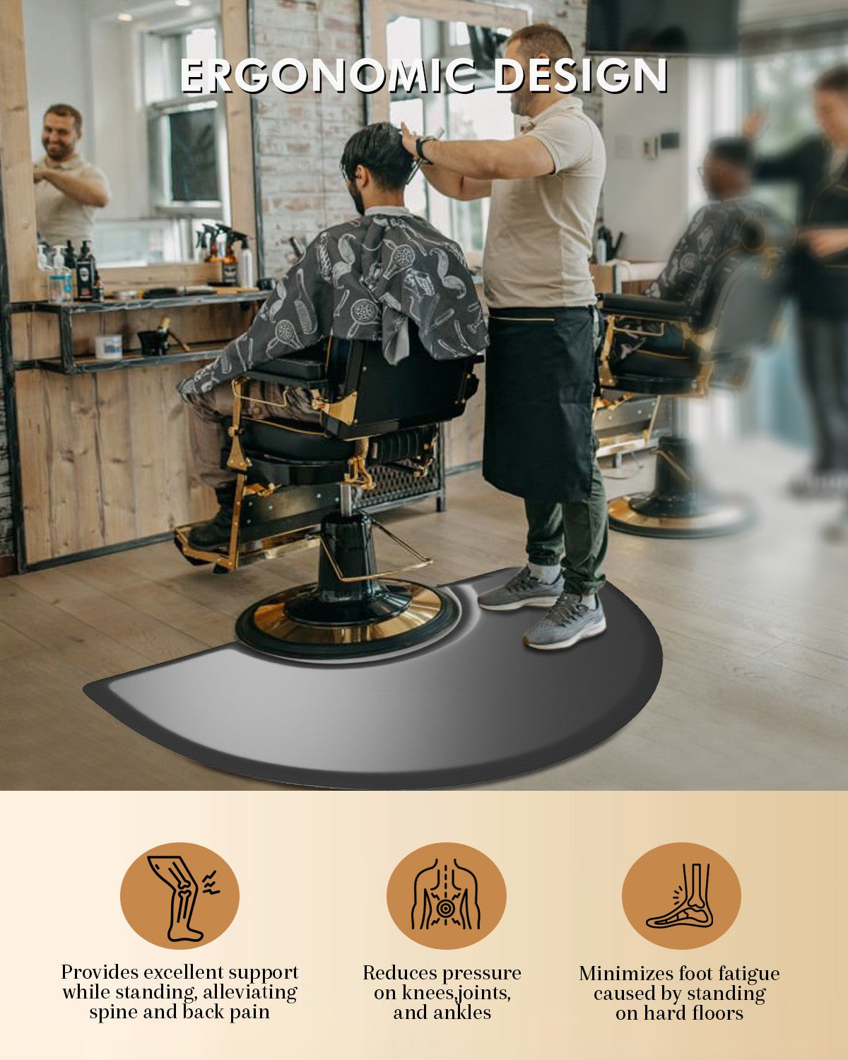 Semi-Circle Anti-Fatigue Floor Mat for Salon & Barber Chairs - 3x5 ft Black