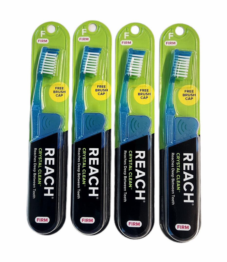 4 Reach Crystal Clean Hard Toothbrushes with Firm Bristles & Free Caps