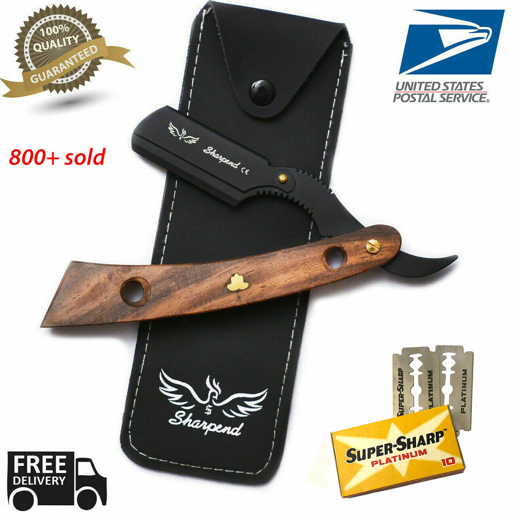Professional Straight Razor Shaving Kit with 10 Blades & Wooden Handle
