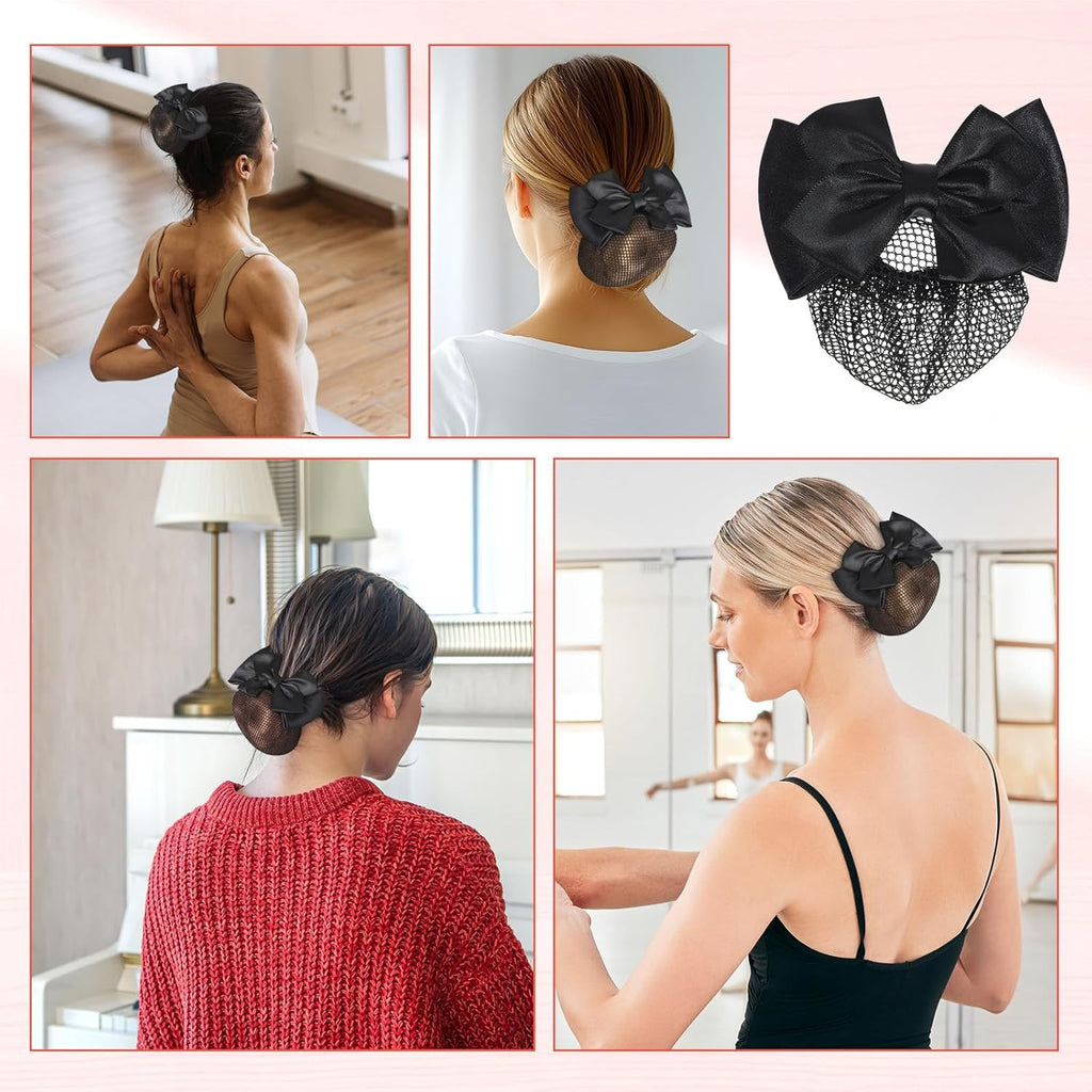 Women’s Satin Bow Hair Net for Buns - Black, Pack of 2