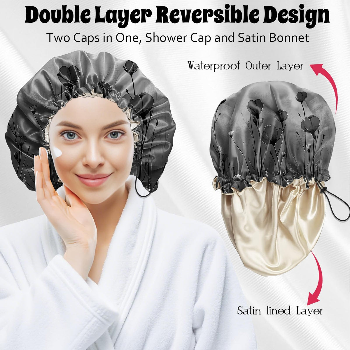 Luxury Waterproof Satin Lined Shower Cap with Adjustable Fit - Black Flower