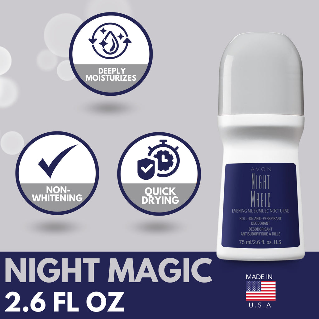 Avon Night Magic Musk Roll-On Deodorant 2.6 fl oz Pack of 4 - Long-Lasting Freshness