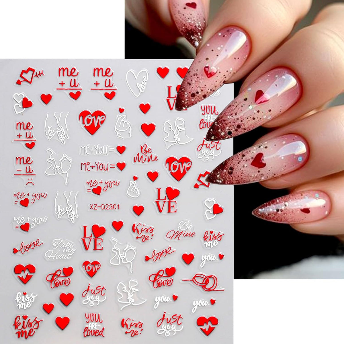 Valentine's Day Nail Stickers 3D Red Heart & Love Decals Set - Romantic Nail Art