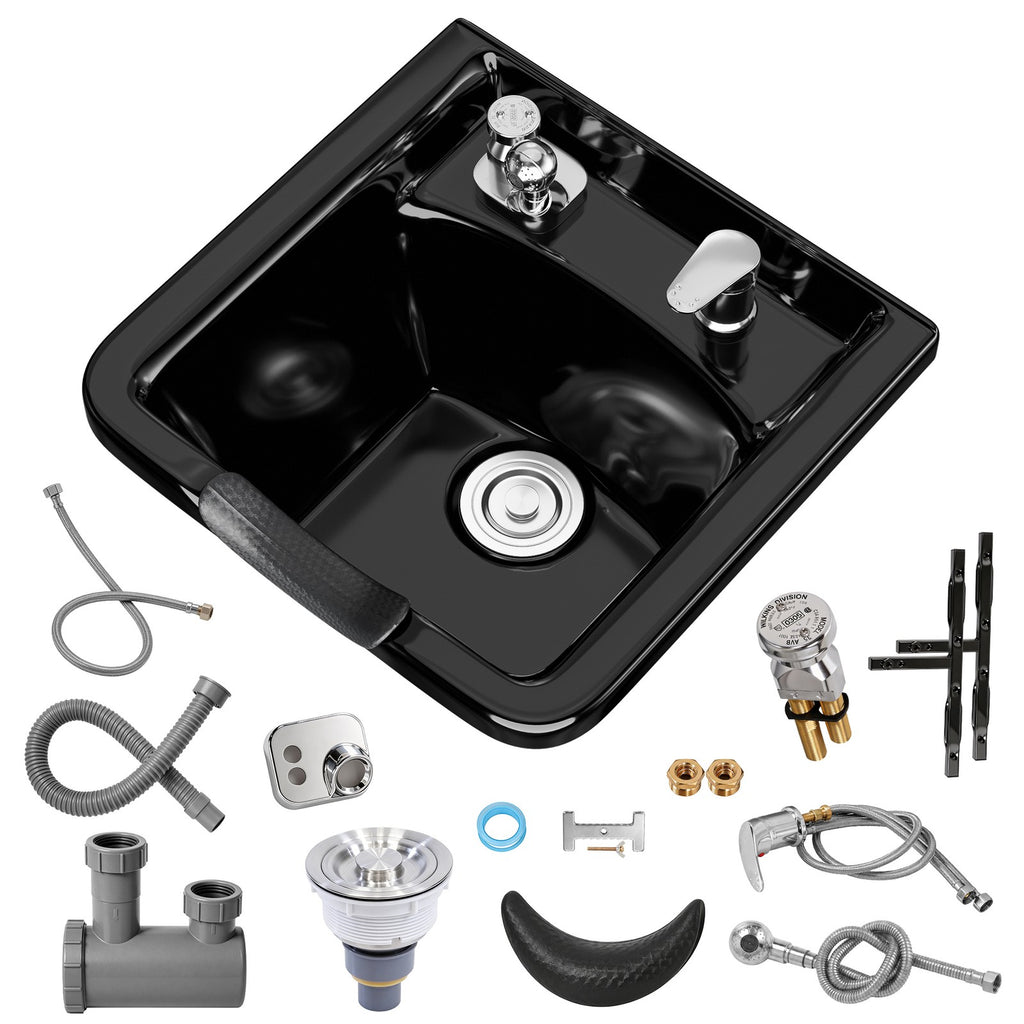 Wall Mount Shampoo Sink with Neck Rest and Accessories - Black ABS Basin