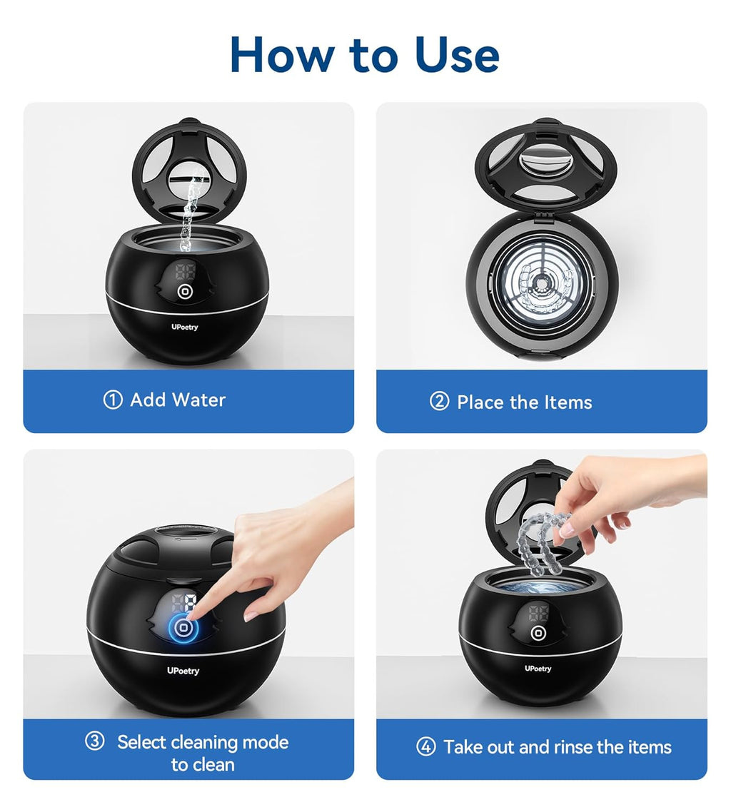 Ultrasonic Retainer & Jewelry Cleaner 45kHz Digital Timer 200ML Portable