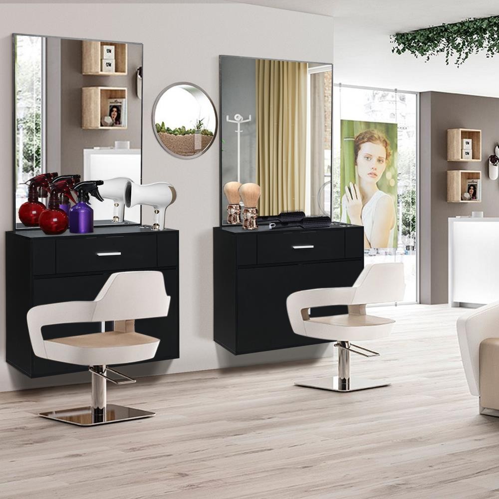 Wall Mount Salon Station with Mirror and Storage for Barber & Hair Styling
