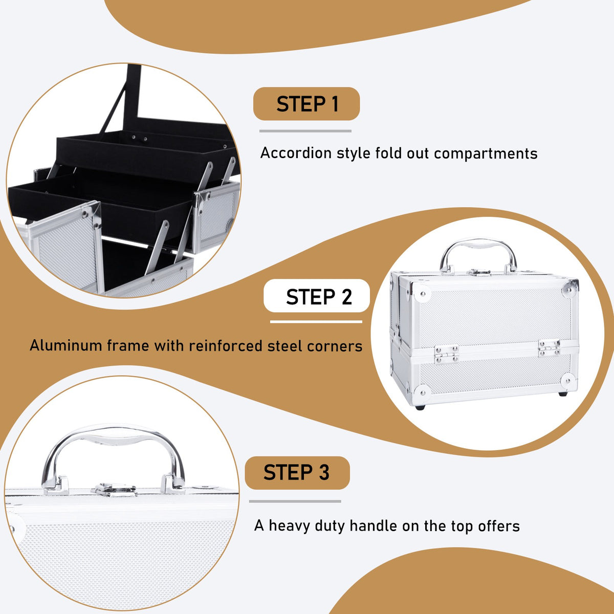 Aluminum Makeup Train Case with Mirror and Handle - Jewelry & Cosmetic Storage