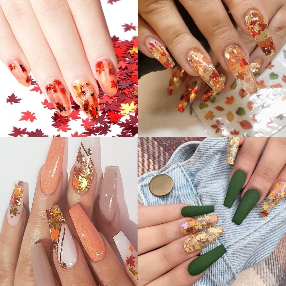 Fall Leaf Glitter Nail Sequins - 12 Color Holographic Maple Leaf Flakes for Nail Art