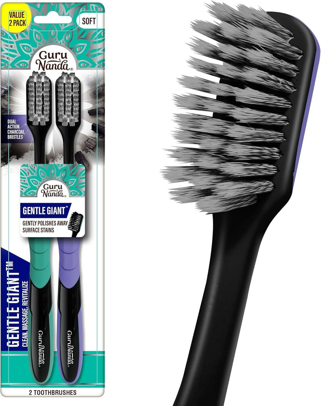Gentle Giant Charcoal Toothbrush with Tongue Cleaner - Deep Clean & Whitening